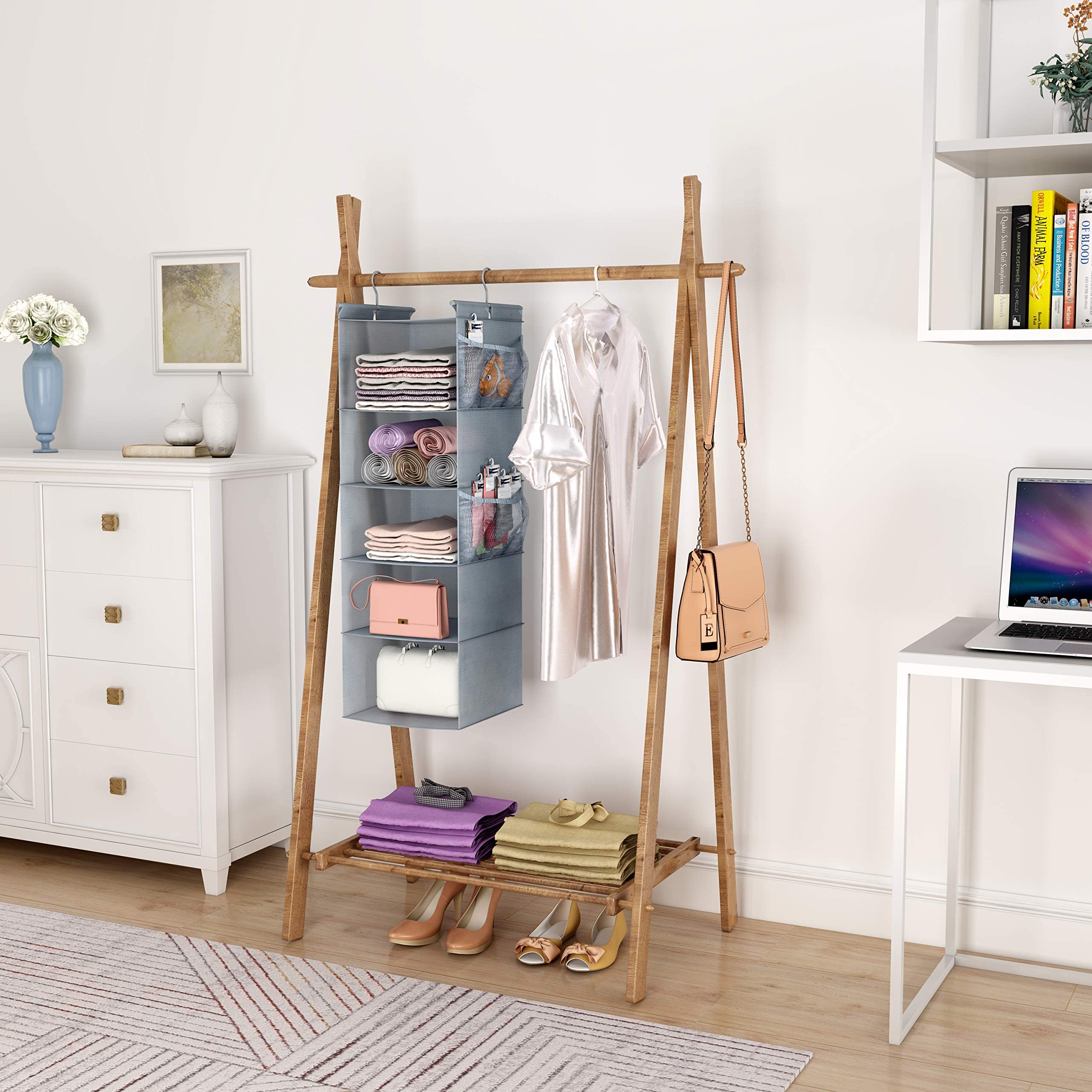 Max Houser 5 Shelf Hanging Closet Organizer,Space Saver, Closet Hanging Shelves With (4) Side Pockets,Foldable,Light Grey